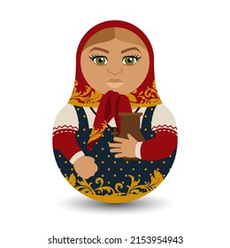 Peasant woman. A woman in an old sundress, a scarf and a cross around her neck holds a jug of milk in her hand. Design tilting toy. Modern kawaii dolls for your business project. Flat vector.