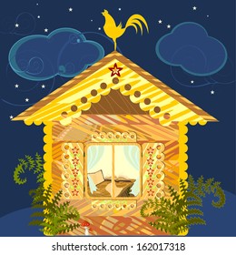 Peasant's house with window shutters open at night