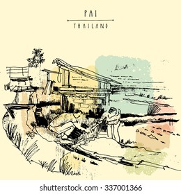 Peasants working in a rice field in Pai valley, Northern Thailand. Colorful hand drawn vintage artistic postcard template. Vector illustration