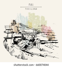 Peasants working in a rice field in Pai valley, Northern Thailand. Travel hand drawn vintage artistic postcard, poster or booklet illustration in vector