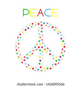 Pease - sign and word. Symbol of pacifism with colourful dots on white