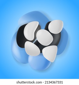 Pebble background. Color smooth river stones backdrop. Blue, white and black 3d objects