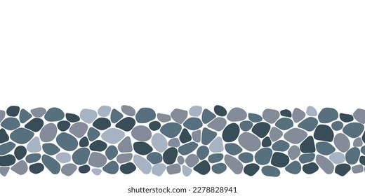 Pebble seamless backdrop vector illustration. Cobble stones border frame. Doodle sea stones repeated background. Paving, shingle beaches template pattern for interior designs, wrapping paper print