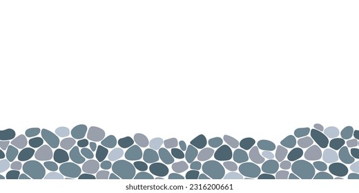 Pebble seamless backdrop vector illustration. Cobble stones border frame. Doodle sea stones repeated background. Paving, shingle beaches template pattern for interior designs, wrapping paper print.