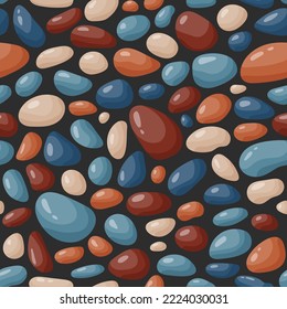 Patrón transparente de guijarros. Fondo de piedras suaves. Textura de pavimento de adoquín de adoquines de dibujos animados. Piedras y rocas de mar o río que repiten papel pintado. Vector