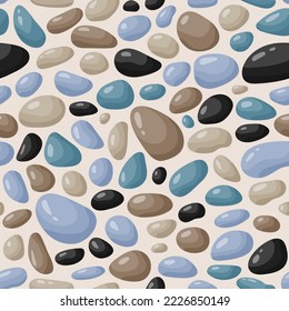 Patrón transparente de guijarros. Fondo de piedras suaves. Textura de pavimento de adoquín de adoquines de dibujos animados. Piedras y rocas de mar o río que repiten papel pintado. Vector