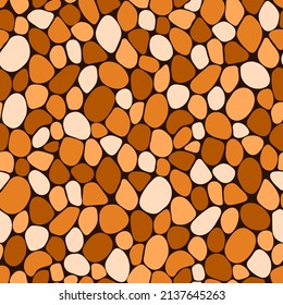 Pebble seamless pattern vector illustration. Stone repeat texture for landscape gardening outdoor and indoor interiors. sandstone pavement, shingle beaches, cobbled template wallpaper. Brown color