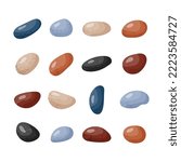 Pebble stones collection. Different beach pebbles shape set. Various forms of smooth rocks. Sea or river pebbles. Spa or garden stones. Vector cartoon
