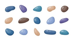 Pebble Stones Collection. Different Beach Pebbles Shape Set. Various Forms Of Smooth Rocks. Sea Or River Pebbles. Spa Or Garden Stones. Vector Cartoon