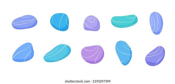 Pebble stones collection. Different beach pebbles shape set. Various forms of smooth rocks. Sea or river pebbles. Vector. 