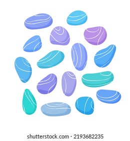 Pebble stones collection. Different beach pebbles shape set. Various forms of smooth rocks. Sea or river pebbles. Vector. 