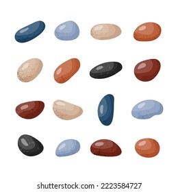 Pebble stones collection. Different beach pebbles shape set. Various forms of smooth rocks. Sea or river pebbles. Spa or garden stones. Vector cartoon