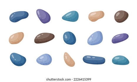 Pebble stones collection. Different beach pebbles shape set. Various forms of smooth rocks. Sea or river pebbles. Spa or garden stones. Vector cartoon