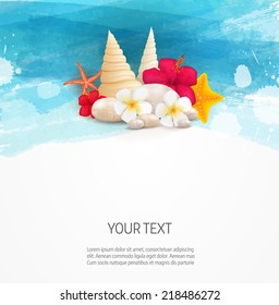 Pebble stones, seashells and tropical flowers on abstract watercolor background