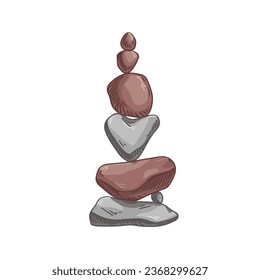 Pebble stones stack. Zen tower from rocks pile. Cobbles cairn. Symbol of balance and harmony. Cobblestones composition for Japanese garden. Hand-drawn vector illustration isolated on white background.