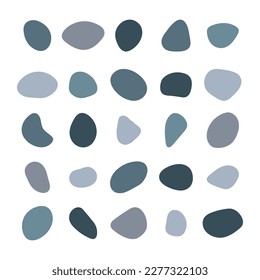 Pebble vector set. Cobble stones different rounded shapes collection. Paving, shingle beaches elements for interior designs, beauty, wrapping paper. beachy navy blue and grey pastel colors.
