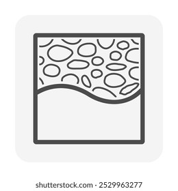 Pebble wall and plastering vector icon shows tall outlined rectangle with closely packed rounded stones across upper portion. Black wavy boundary separates irregular oval aggregate pattern from broad plain white area below, illustrating contrasting stages of decorative wall finishing. Open contours define individual river rock fragments and straight sample border in monochrome line drawing. Subject connects natural gravel, epoxy cement concrete and plaster mortar with indoor or outdoor building surfaces. Visible texture occupies only part of panel, leaving lower section smooth for comparison of exposed stone finish and covered area. Graphic suits material selection guides, facade detail diagrams, masonry catalogs and renovation instructions about applying decorative surface treatments.