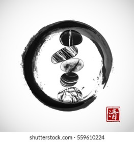 Pebble zen stones balance in black enso zen circle on white background. Traditional Japanese ink painting sumi-e. Contains hieroglyph - zen