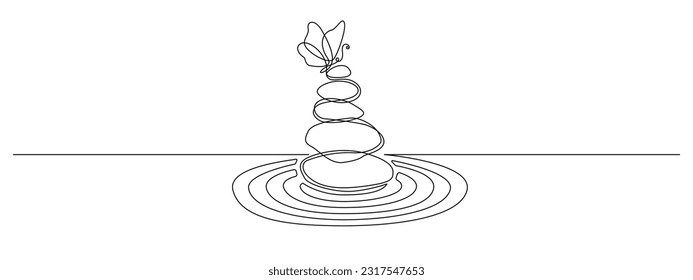 Burbujas con mariposa en un plano continuo. Zen Balance y alma de meditación en un estilo lineal simple. wellness y salón de masaje de infarto. Ilustración del vector Doodle