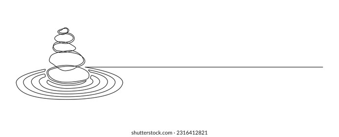 Pebbles with circles in sand in one continuous line drawing. Balance and enjoying life in a simple linear style. Spa wellness and massage salon editable stroke. Doodle vector illustration