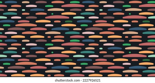 Pebbles on a black background. Seamless pattern of multicolored stones with a bulge at the bottom. For print and stylish decor, seamless patterns and textures. Forms slightly stretched in width.