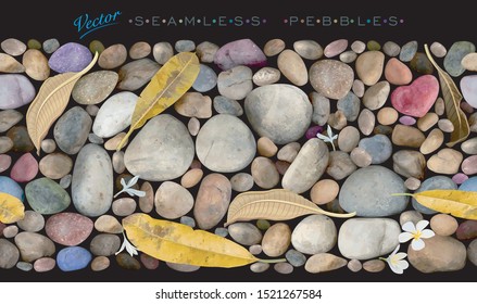 Pebbles, rocks, grungy leaves laying on the ground. Seamless vector image.