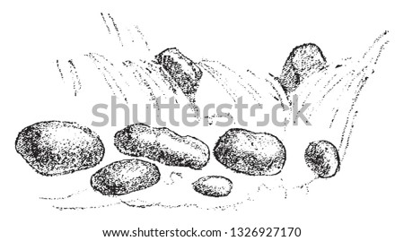 Pebbles rolled by a torrent and transformed into pebbles, vintage engraved illustration. From Natural Creation and Living Beings.