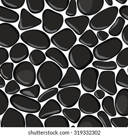 Pebbles seamless pattern on white background. Black stones seamless background texture. Seaside wet pebble vector illustration. Spa stones.