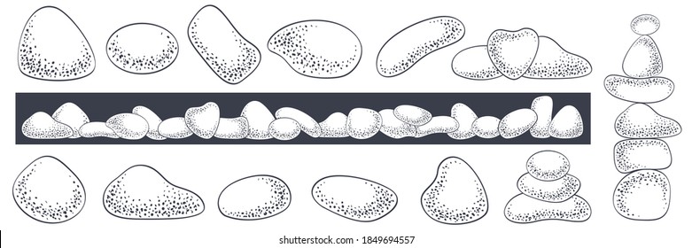 Pebbles Stones Vector Set: Sea Or River Pebbles, Different Shapes, Pyramid, Isolated On White Background. Black Outline And Dots Texture, Hand Drawn Sketch. Nature Design, Undersea, Spa Illustration.