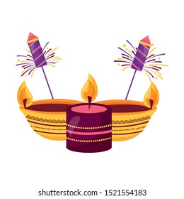 pebetero and fireworks with candle diwali fest ethnicity vector illustration design