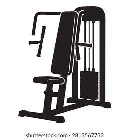 Pec deck machine, essential fitness equipment for chest and shoulder workouts. Isolation exercise for pectoral muscles. Versatile gym machine for building upper body strength. Modern gym equipment in black silhouette. Vector illustration on white background.