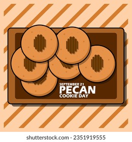 Pecan-Cookies-Illustration auf Holzteller, mit kühlem Text auf hellbraunem Hintergrund, um den Nationalen Pecan-Cookie-Tag am 21. September zu feiern