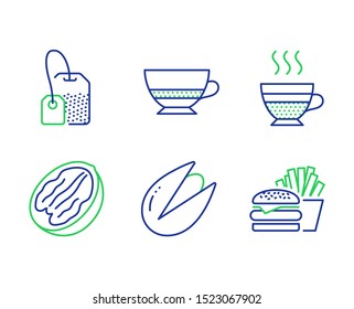 Pecan nut, Bombon coffee and Pistachio nut line icons set. Tea bag, Cafe creme and Burger signs. Vegetarian food, Cafe bombon, Brew hot drink. Hot coffee. Food and drink set. Vector