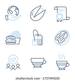 Pecan nut, Bombon coffee and Pistachio nut line icons set. Diploma certificate, save planet, group of people. Tea bag, Cafe creme and Burger signs. Vegetarian food, Cafe bombon, Brew hot drink. Vector