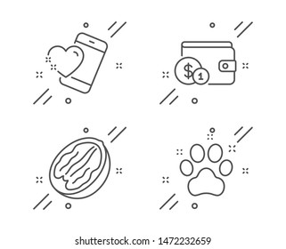 Pecan nut, Buying accessory and Heart line icons set. Pet friendly sign. Vegetarian food, Wallet with coins, Love call. Dog paw. Business set. Line pecan nut outline icon. Vector