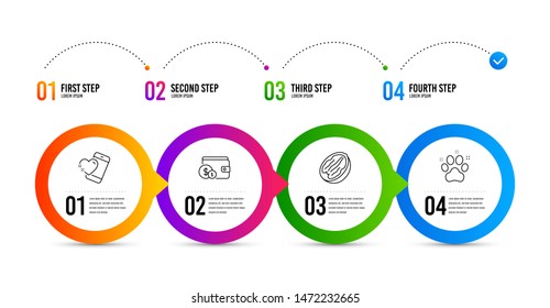 Pecan nut, Buying accessory and Heart line icons set. Timeline infographic. Pet friendly sign. Vegetarian food, Wallet with coins, Love call. Dog paw. Business set. Pecan nut icon. Vector