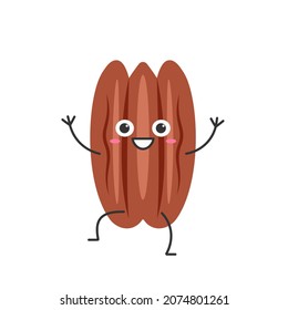 Pecan nut cute cartoon character smiling face happy emotions beautiful vector illustration.