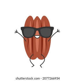 Pecan nut cute cartoon character jumping joy smiling face sunglasses happy emotions beautiful vector illustration.