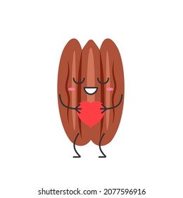 Pecan nut cute cartoon character love sign heart smiling face happy emotions beautiful vector illustration.