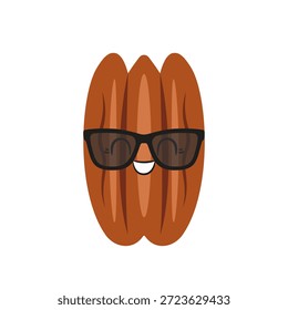 Nuez de pacana con gafas, personaje de dibujos animados lindo y divertido, tuerca sabrosa y saludable, ojos grandes, emociones alegría deleite, cara sonriente feliz, estilo kawaii, ilustración de Vector de iconos para niños.