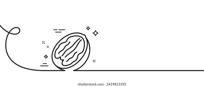 Pecan nut line icon. Continuous one line with curl. Tasty nuts sign. Vegan food symbol. Pecan nut single outline ribbon. Loop curve pattern. Vector