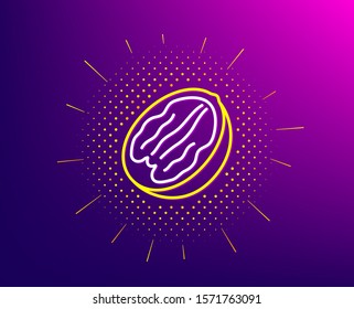 Pecan nut line icon. Halftone pattern. Tasty nuts sign. Vegan food symbol. Gradient background. Pecan nut line icon. Yellow halftone pattern. Vector
