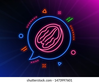 Pecan nut line icon. Neon laser lights. Tasty nuts sign. Vegan food symbol. Glow laser speech bubble. Neon lights chat bubble. Banner badge with pecan nut icon. Vector