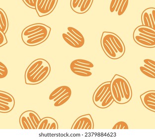 Pecan nut, nutty, plant, food and meal, seamless vector background, pattern. Fruit, kernel, seed, nourishment, nature, eating and eat, vector design and illustration