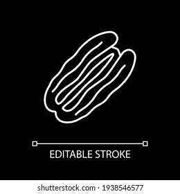 Pecan nut white linear icon for dark theme. Healthy eating. Vitamin and nutrient nut. Thin line customizable illustration. Isolated vector contour symbol for night mode. Editable stroke