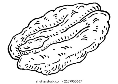 Pecan nut without shell. Vector engraving black vintage illustration. Isolated on white background.