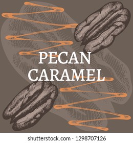 Pecan nuts and caramel. Hand drawn Vector illustration