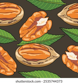 Nueces de pacana aisladas sobre fondo oscuro. Patrón sin fisuras. Vector