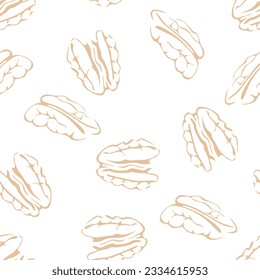 Pecan nuts seamless pattern. Line art vector illustration. Healthy food background.