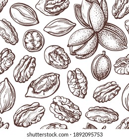 Pecan-Nüsse nahtloses Muster im Vintage-Stil. Skizze mit Vektorstruktur und Silhouetten. Botanische Illustration auf weißem Hintergrund. Bio gesunde Lebensmittel. Verpackungsdesign, handgezeichnet